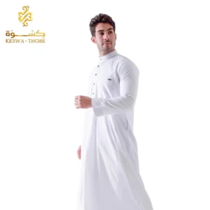 جلابية رجالي صيفي موديل براء أبيض بنص لياقة ودوران كم بالطو.