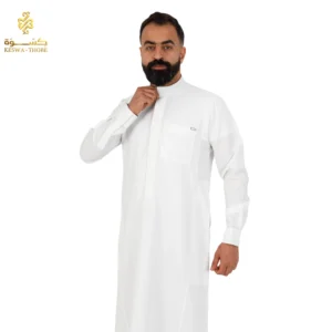 جلابية سعودي رجالي خامة خلية موديل راشد وقفة أمامية مع تعديل اللياقة